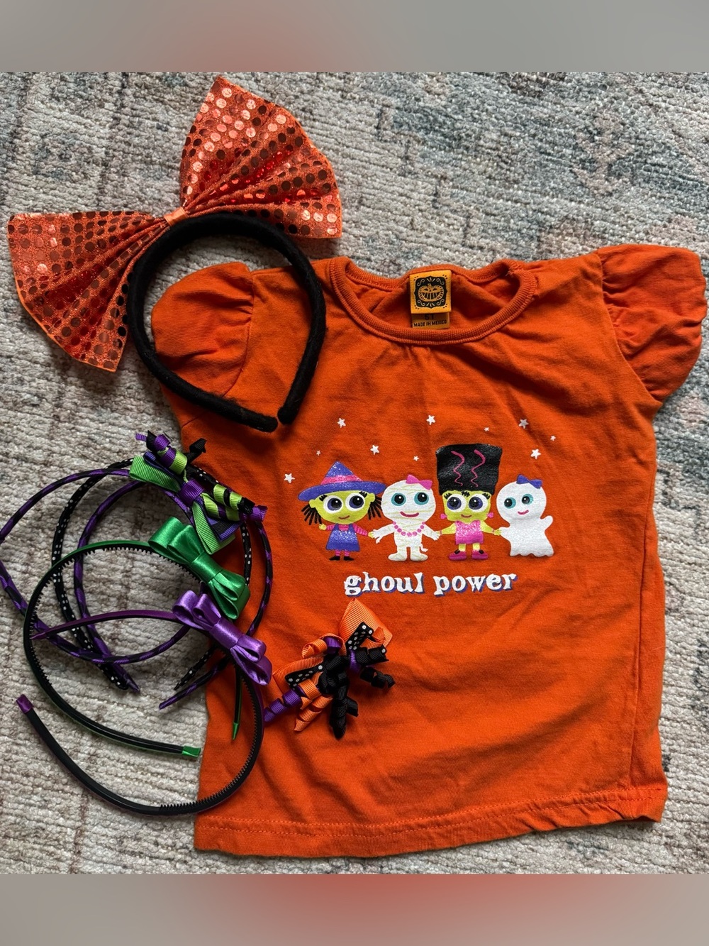 Kids 5 T Orange 'Ghoul Power' Halloween Tee + headbands hair accessories